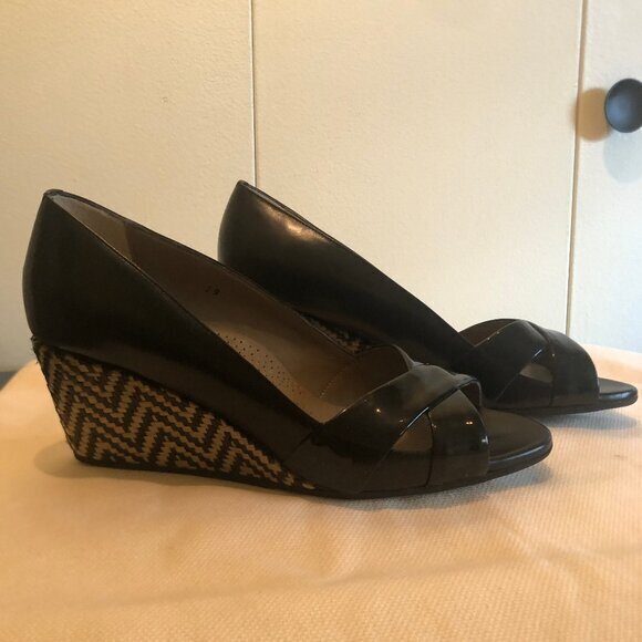 Anyi Lu Daphne black leather wedges w/ woven heels sz 39 - Picture 11 of 12